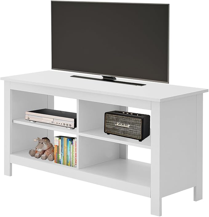 43 Inches TV StandMid Century Modern Entertainment Center with 4 Open Shelves Farmhouse TV Media Console Table for Living RoomBedroomTelevision Stand up to 50 Inches(White)