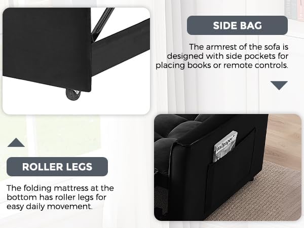 KEIKI 51.2 3-in-1 Convertible Sofa Bed Sleeper Sofa Chair with Adjustable Backrest Side Pockets &amp Roller Legs Cloud Futon Couch for Apartment Bedroom or Office Black