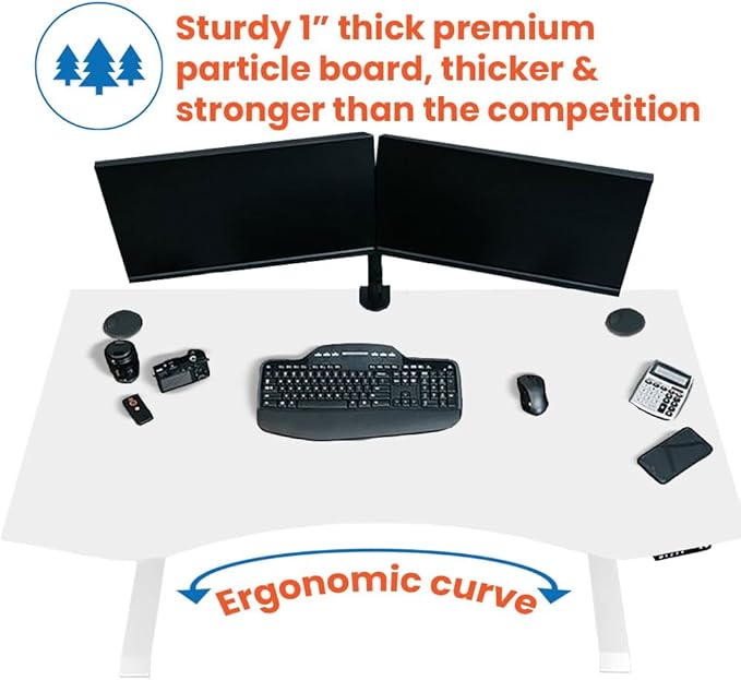 MotionWise M3 PRO Series Ergonomic Curve 30” x 60” Large Electric Sit-Stand Desk for Home Office w/Dual Motors Memory Presets (White)
