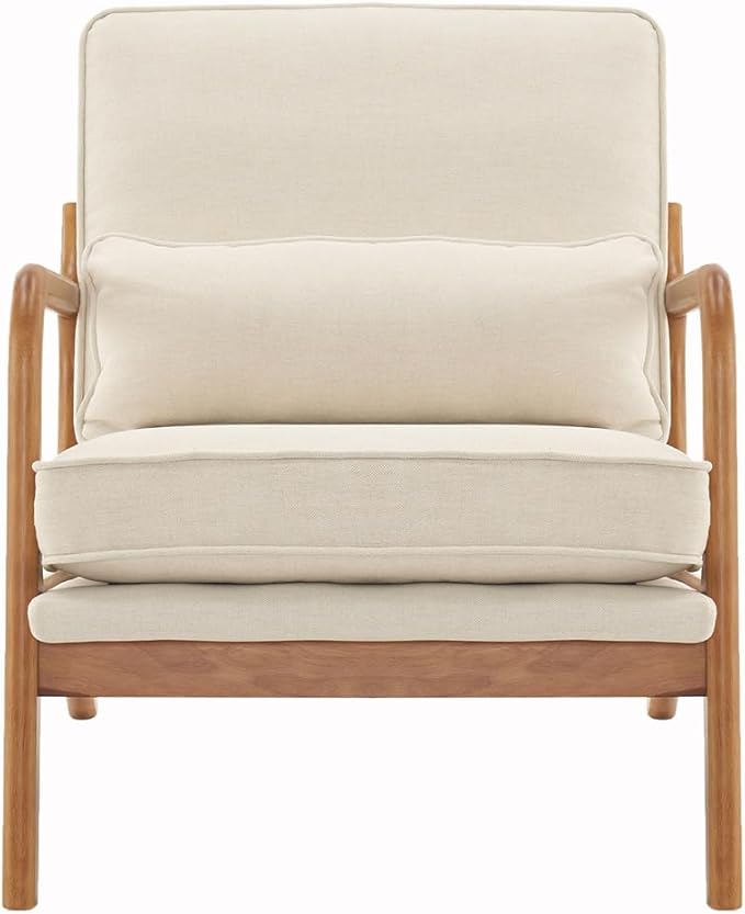 LLS Accent Chair Mid-Century Modern Upholstered Armchair with Lumbar Pillow Comfy Lounge Chair Reading Chair with Solid Wood Frame &amp Soft Cushion for Living Room Bedroom Balcony Off-White