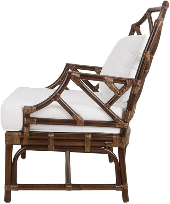 Pemberly Row Accent Arm Chair 17.5 Seat Height Rattan and Cotton Paloma Brown Finish Chinese Chippendale Style Removable Cushion Coastal or Classic Decor for Living Room or Bedroom