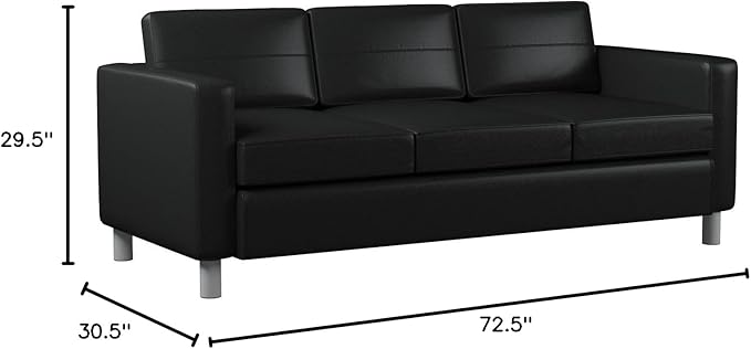 OSP Home Furnishings Pacific Sofa with Padded Box Spring Seats and Silver Finish Legs Black Vinyl