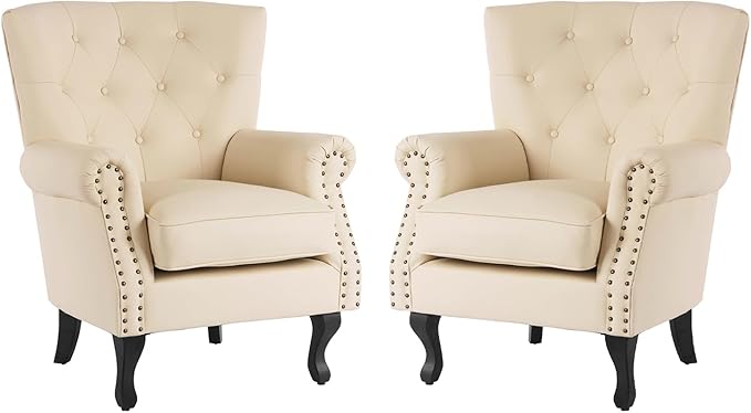 MOJAY PU Leather Accent Chair Set of 2 Modern Armchair Living Room Chair Upholstered Club Chair with Rivet Trim Mid-Century Sofa Chair with Sturdy Wood Legs for Bedroom (Ivory White)