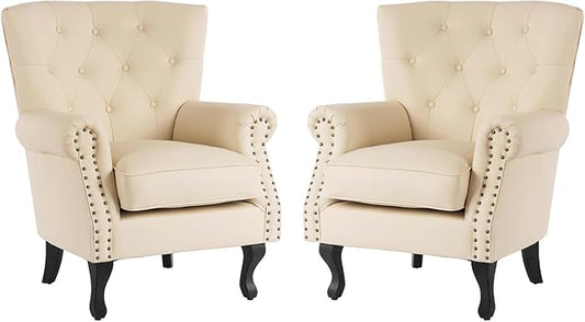 MOJAY PU Leather Accent Chair Set of 2 Modern Armchair Living Room Chair Upholstered Club Chair with Rivet Trim Mid-Century Sofa Chair with Sturdy Wood Legs for Bedroom (Ivory White)