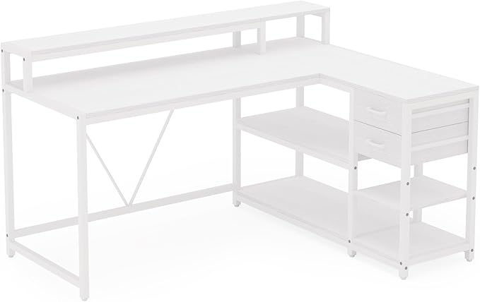47'' L Shaped Gaming Desk with Power Outlets Reversible Corner Computer Desk with Monitor Stand Storage Shelves Side Bag Home Office Desks for Home Office Gaming (White 55 Inch)