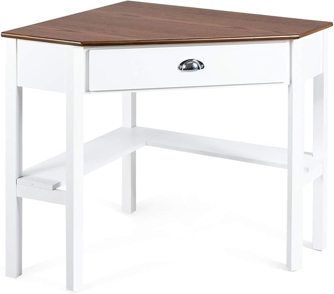 RELAX4LIFE Corner Computer Desk Triangle with Drawer and Shelves Stable Laptop PC Table Home Office Writing Desk Study Workstation Desk (Natural)