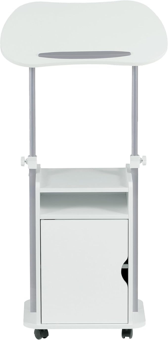 Techni Mobili Adjustable Laptop Cart with Storage Rolling Mobile Workstation Desk with Cabinet Shelf &amp Locking Wheels. Height Adjustable Sit to Stand for Home Office Bedside or Classroom (Whit