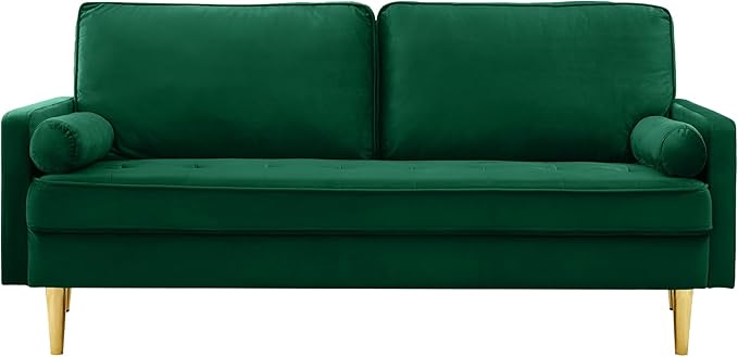65'’ Velvet Upholstered Loveseat Sofa with Gold Metal Legs Modern Tufted Backrest Couch Solid Wood Frame for Living Room BedroomApartmentOfficeSmall Space (Green)