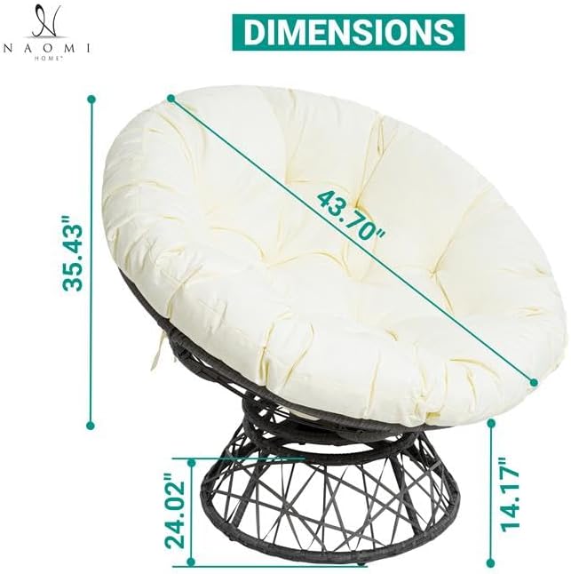 Naomi Home 40” Papasan Chair Indoor with Cushion and Frame – Round Wicker Papasan Chair with Thick Tufted Cushion Sturdy Metal Base Large Reading Chair for Bedroom &amp Living Room Cream