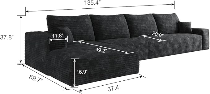 135 Oversized Compressed Sectional Sofa - 33D High-Density Foam Cloud Couch with Deep Seat - Minimalist 3-Piece Corduroy Upholstered Boneless Modular Lounge Couch | Breathable material Full Foam An