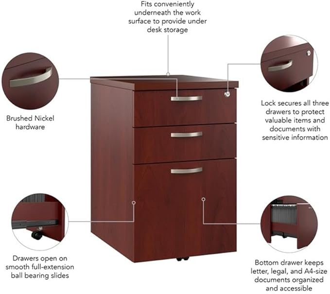 Bush Business Furniture Office in an Hour 3 Drawer Rolling File Cabinet in Hansen Cherry | Mobile Under Desk Drawers for Letter Legal and A4-Size Document Storage