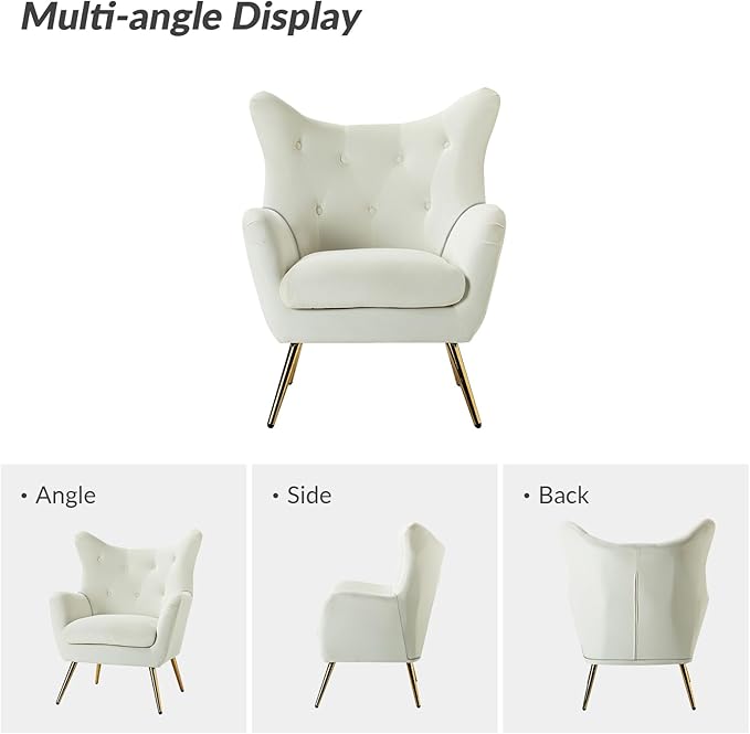 HULALA HOME Velvet Accent Chair Set of 2 Modern Wingback Arm Chair with Metal Gold Legs Velvet Tufted Upholstered Single Sofa(Ivory)