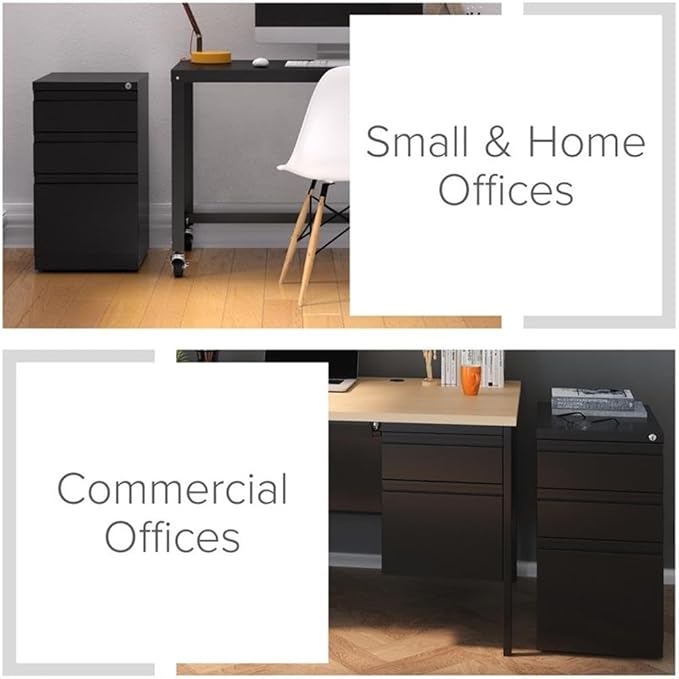 BOWERY HILL 20 3-Drawer Modern Metal Mobile Pedestal Filing Cabinet in Black Lockable Sturdy Steel Construction Mobile Office Storage Durable Document Organization