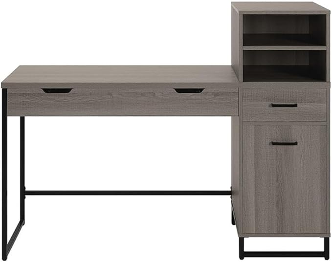 Pemberly Row Lane Worksmart Sit-to-Stand Desk Farm Oak Engineered Wood Adjustable Height with Hutch 54 W x 20.25 D x 42.5 H Storage Shelves Desk Drawer Home Office Organization