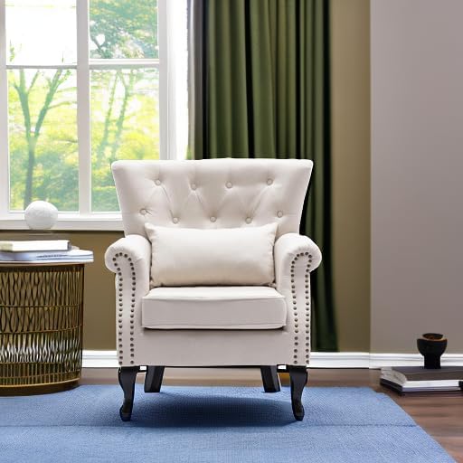 chairus Mid-Century Modern Accent Chair Comfy Tufted Single Sofa Chair Wingback Armchair with Pillow for Club Living Room Bedroom - Linen Beige