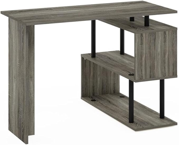 Pemberly Row L-Shape Computer Desk French Oak/Black Finish 3-Tier Shelves Reversible Corner Design Durable Composite Wood Compact for Small Rooms Modern Style Home Office Desk