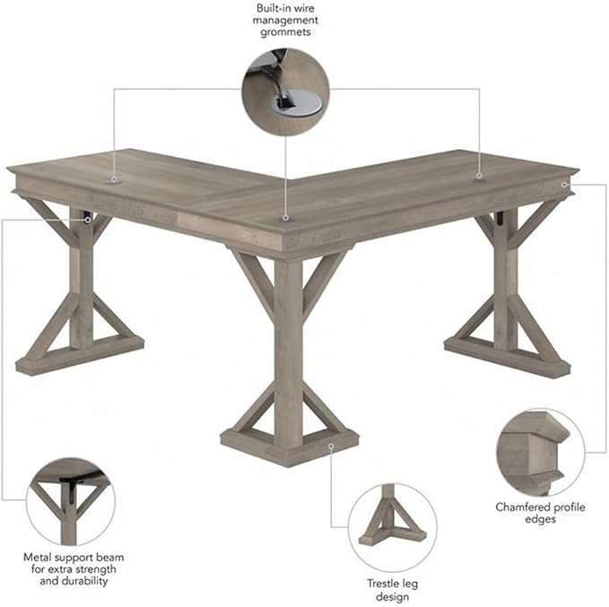 Pemberly Row 60W L Shaped Desk Driftwood Gray Finish Engineered Wood Farmhouse Style Built-in Wire Management Durable Home Office Desk for Workspace or Corner Placement