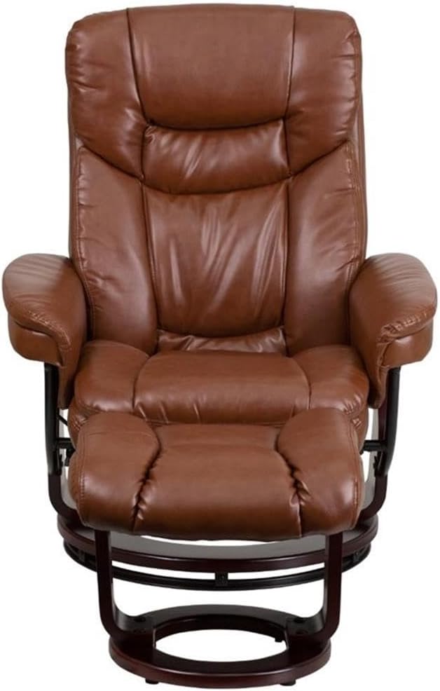 BOWERY HILL Contemporary Leather Recliner Vintage Brown LeatherSoft Upholstery 41.25 H x 33 W x 34-44.5 D Plush Arms Swivel Base and Mahogany Wood Frame Living Room or Office Chair