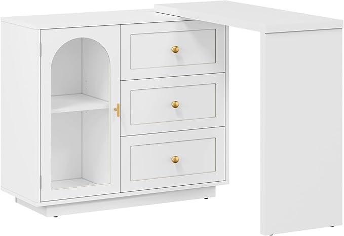 RoyalCraft L Shaped Home Office Desk Extendable and Rotatable Desk with 3 Drawers and Door Corner Computer Desk Modern Study Writing Table for Bedroom Home Office White