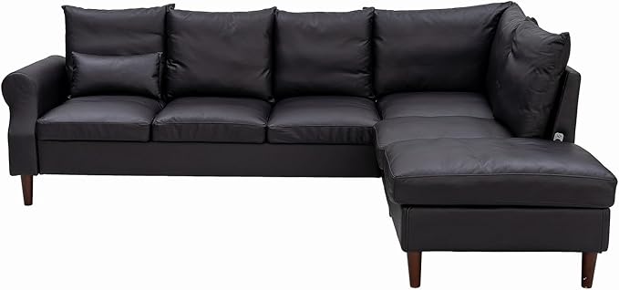 Panana 6 Seats Sectional Sofa Right Corner L Shaped Couch With USB Charging Port Chaise (Black Leathaire 6 Seater Right Corner With Chaise)