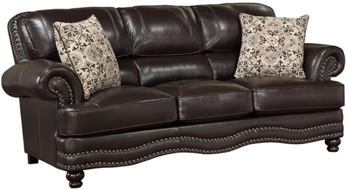 Pemberly Row Breathable Faux Leather Upholstered Sofa Brown Finish Solid Wood Frame High-Density Foam Padding Nailhead Trim Decorative Pillows Espresso Wood Feet Traditional Living Room Seating