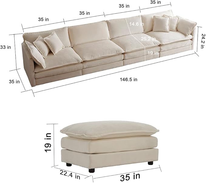 WILLIAMSPACE 146.5 Sectional Sofa Couch for Living Room Modern Upholstered Oversized L-Shaped Sofa with Ottoman &amp Toss Pillows Modular 5 Seat Sofa Furniture for Apartment Chenille Fabric (Beig