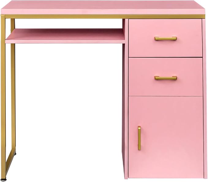 Modern Home Office Computer DeskMetal and Wooden Computer DeskFarmhouse Computer TableIndustrial Wood Laptop Computer Writing Deskwith Drawersfor Bedroom Study Living Room Office (Pink)