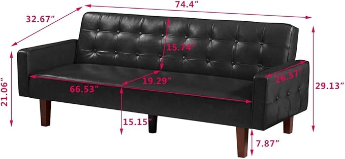 Futon Sofa Bed Convertible Sleeper Sofa Loveseat Couch PU Leather Sofabed with Wooden Legs for Small Spaces Room Home Office Hotel with Adjustable Backrest Reclining (Black)