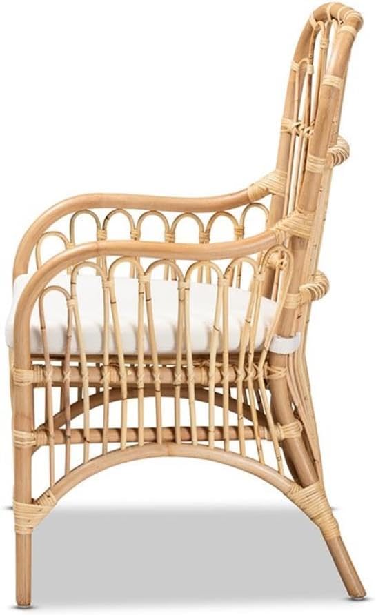 BOWERY HILL Modern Rattan Fabric Armchair 39.5 H x 24 W x 22 D Natural Beige Finish Foam-Padded Removable Cushion Spindle Design Handmade Accent Chair for Living Room or Bedroom