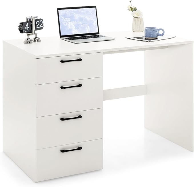 White Desk with Drawers Home Office Desk with 4 Storage Drawers Modern Vanity for Bedroom Teen Writing Study Table Wood Computer Workstation for Study Room 43.5×23.5×30 (L×W×H)