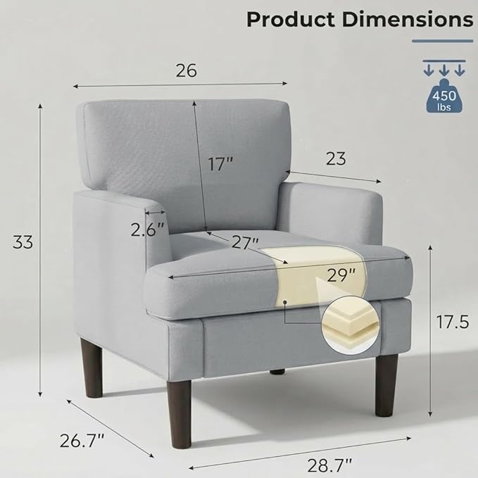 Kromax Accent Chair for Living Room No Screws Assembly Required Mid-Century Reading Chair for Bedroom Comfy Upholstered Armchair with Sturdy Legs Single Sofa Chair for Apartment Grey