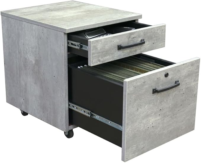 NBF Two Drawer Mobile File Pedestal Concrete with Locking File Drawer and Metal Drawer Pulls on Rolling Casters for Industrial Style