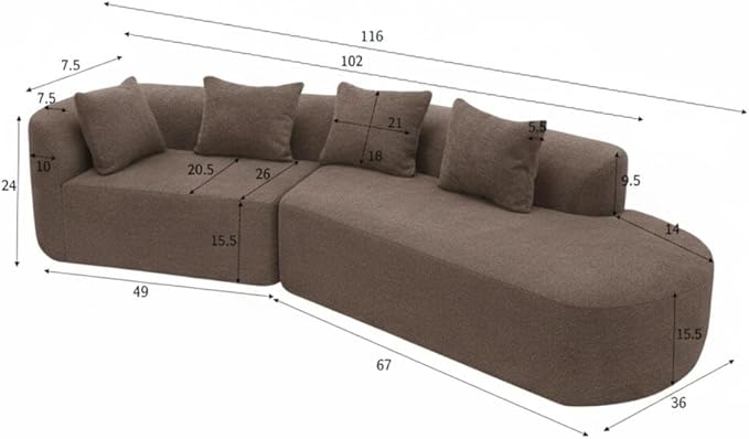 Merax 2-Piece 116 L-Shaped Modular Sectional Sofa Set 4 Seat Fully Assembled Curved Upholstery Couch with High-Density Compressed Sponge Chaise Lounge &amp 4 Pillows for Living Room Brown