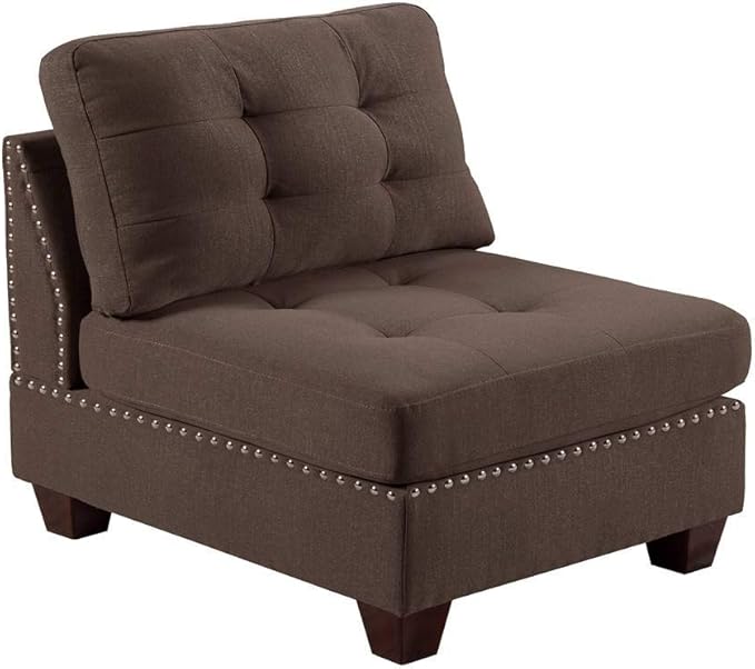 Living Room Furniture Tufted Armless Chair in Black Coffee Linen-Like Fabric Armless Cushion Chair with Nailheads and Wooden Legs