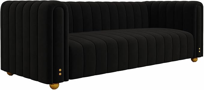 81 Black Velvet Couch for Living Room Large Modern Sofa Comfy Tufted Sofas Chesterfield Couches with Round Handrails and Metal Ball Legs Office Apartment Furniture