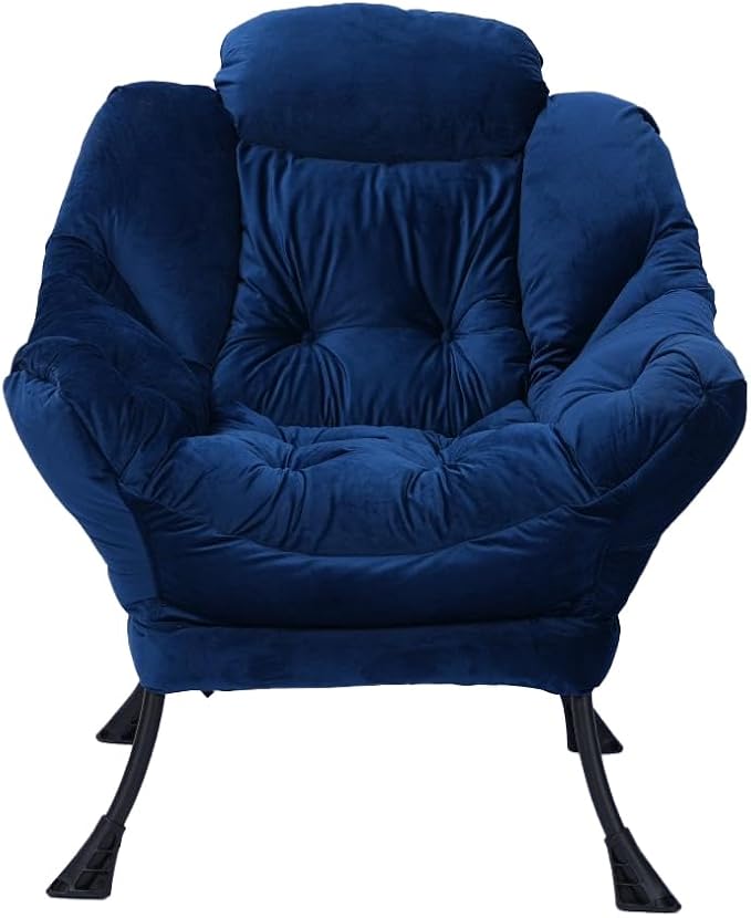 Living Room Chairs Modern Cotton Fabric Lazy Chair Accent Contemporary Lounge Chair Single Steel e Leisure Sofa Chair with Armrests and A Side Pocket (Blue)with Ottomanwith footrest