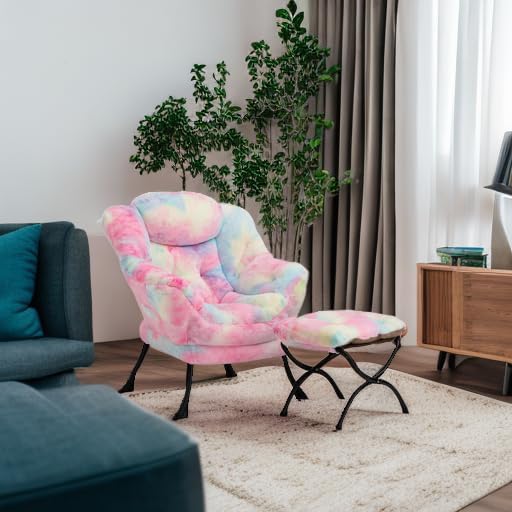 HollyHOME Lazy Chair with Foldable Ottoman Accent Comfy Lounge Armchair and Folding Footrest Stool Leisure Sofa Reading Chair and Footstool for Living Room Bedroom DormFaux Fur Rainbow