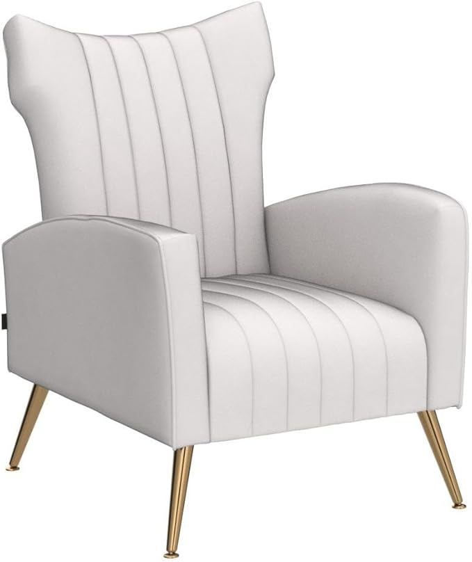 Artechworks Curved Tufted Accent Chair with Metal Gold Legs Velvet Upholstered Arm Club Leisure Modern Chair for Living Room Bedroom Patio White Cream
