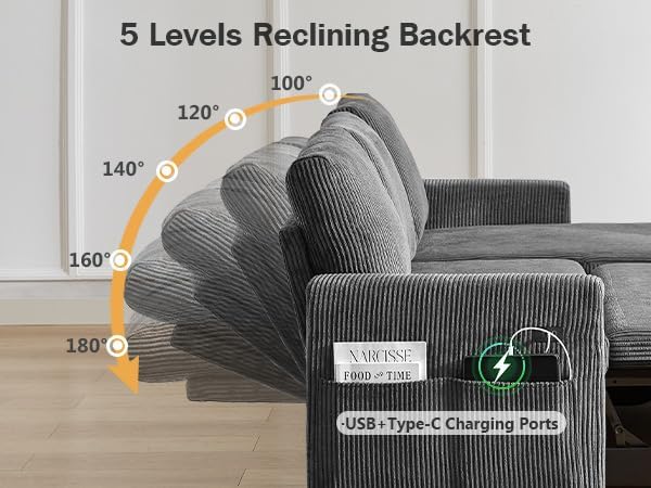 Vipbear 80 Sectional Sleeper Sofa Bed with Pull Out Bed L Shaped Couch Pull Out Couch with Reclining Backrest Reversible Storage Chaise USB Ports Tool-Free Assembly Corduroy Dark Grey