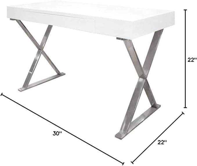 Pemberly Row Modern Computer Desk 47 L x 22 W x 30 H Poplar and Engineered Wood White Lacquer and High Gloss Finish Stainless Steel Frame Chrome Silver Legs Sleek Office or Study Desk