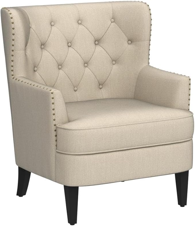 Rosevera Accent Chair with Ottoman Set - Mid-Century Modern Upholstered Armchair for Living Room or Bedroom - Comfy Reading Chair with Footrest Small Accent Chair - Beige