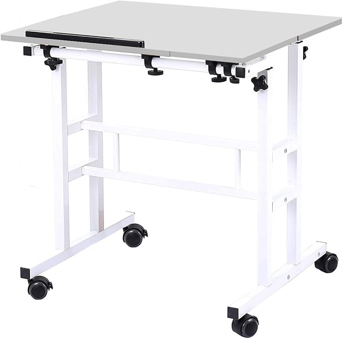DlandHome Adjustable Rolling Sit-Stand Desk Mobile Computer Desk Stand Up Workstation White