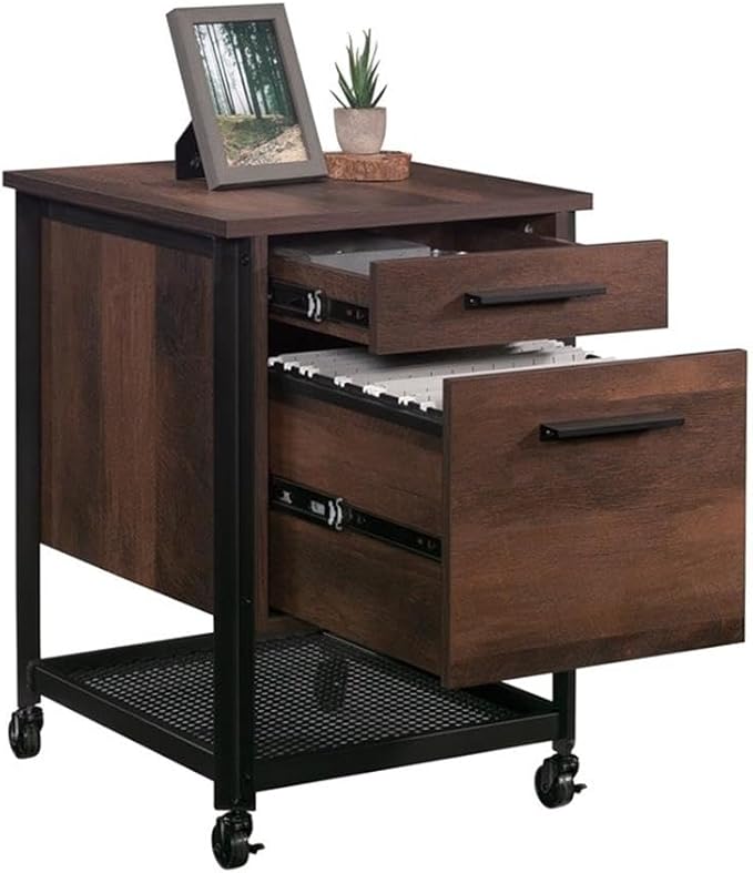 Pemberly Row Mobile File Cabinet Engineered Wood and Metal Barrel Oak Finish 26.58 H x 17.95 W x 20.32 D 2 Drawers with File Storage Perforated Shelf Locking Casters Home Office Organizing