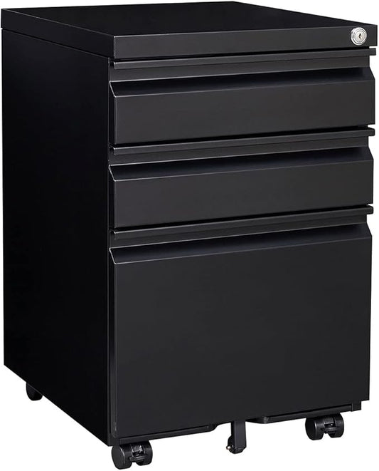 Rolling File Cabinet for Home Office – 3-Drawer Under Desk Cabinet with Lock and Removable Hanging Rods Storage and File Cabinet with Pencil Tray Fully Assembled Except Casters (Black)