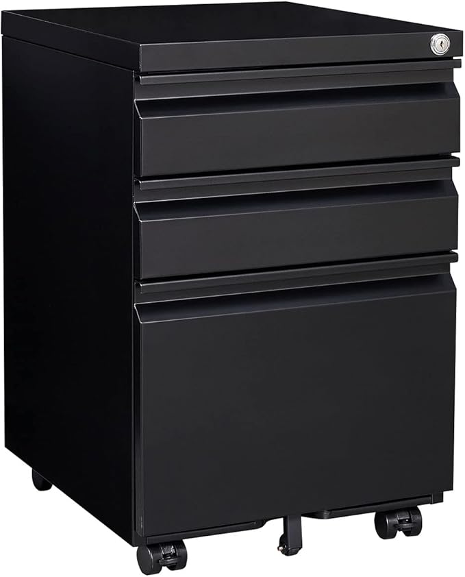Rolling File Cabinet - 3-Drawer Under Desk Storage with Lock Removable Hanging Rods Pencil Tray - Fully Assembled Except Casters for Home Office