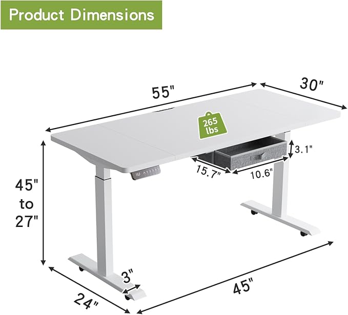 Radlove Dual Motors Height Adjustable 55 x 30'' Electric Standing Desk with Drawer Stand Up Table 4 Memory Keys Computer Desk with Splice Board Home Office Desk White Top + White Frame