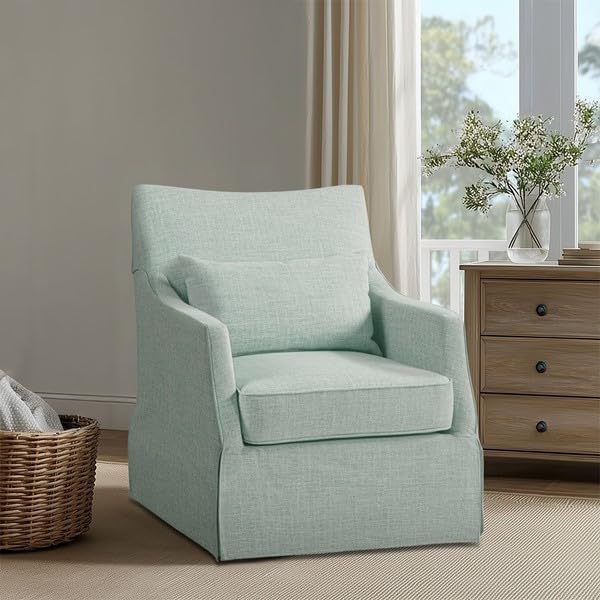 Martha Stewart 360° Mint Swivel Chair Modern Classic Skirted Armchair with Soft Removable Seat Cushions and Lumbar Pillow Rust Resistant Metal Swivel Base for Living Room Bedroom