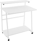 Small Office Mobile Computer Desk 3-Tier Laptop Table with Storage Shelves Tiny Computer Desk with Wheels for Home Office Bedroom Living Room Studio (White)