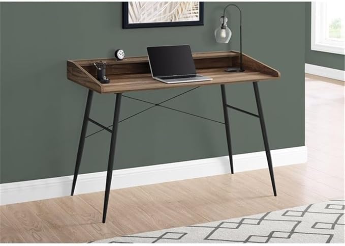 Pemberly Row Computer Desk 48 L Brown Reclaimed Wood Look Metal Base Black Finish Hutch with Shelf and 2 Storage Cubbies Mid-Century Modern Home Office or Bedroom Desk