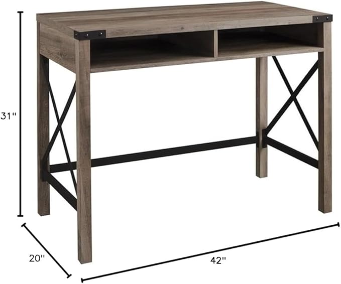 UrbanPro 42 Farmhouse Metal and Wood Desk Gray Wash Finish 31 H x 42 W x 20 D Rustic Writing Desk with Storage Cubbies Cord Management Industrial Style Home Office Furniture